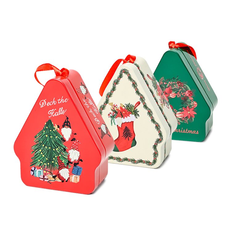 Small Christmas Tree Shaped Tin Box With Ribbon Hanging String