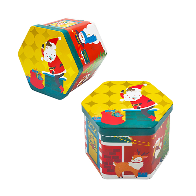 Hexagonal Christmas Gift Tin Box Custom Printed For Candy Tea